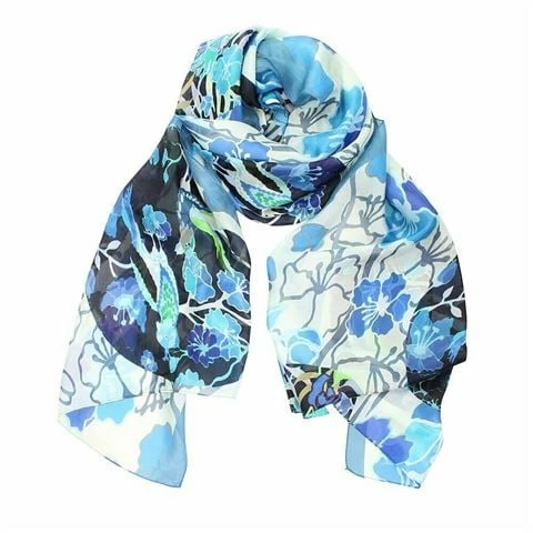 DLUX Scarves DLUX - Flora Phoenix And Flower Silk Scarf Blue 3 DLUX Scarves DLUX - Flora Phoenix And Flower Silk Scarf Blue